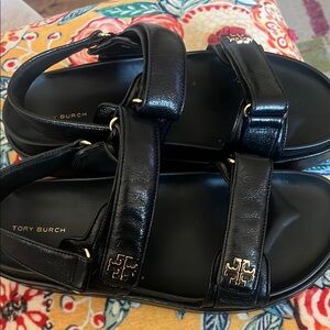 Tory Burch Black Leather Sandals with Gold Accents